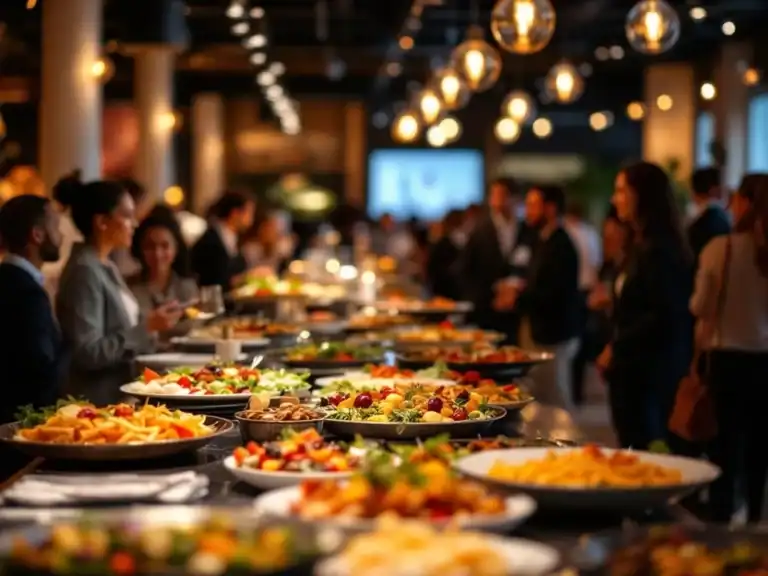 Diverse professionals netwerken bij moderne corporate event met inclusieve buffetopties en elegante styling