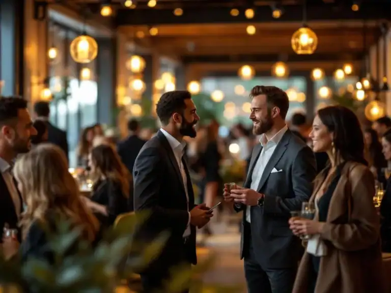 Diverse professionals netwerken in moderne corporate eventvenue met warme verlichting en elegante architectuur