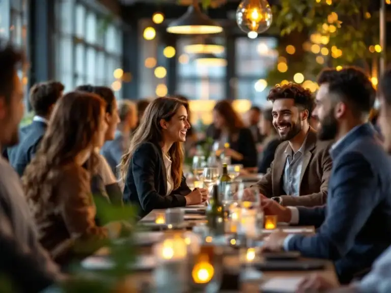 Diverse professionals netwerken in moderne corporate eventvenue met warme verlichting en creatieve DIY-elementen