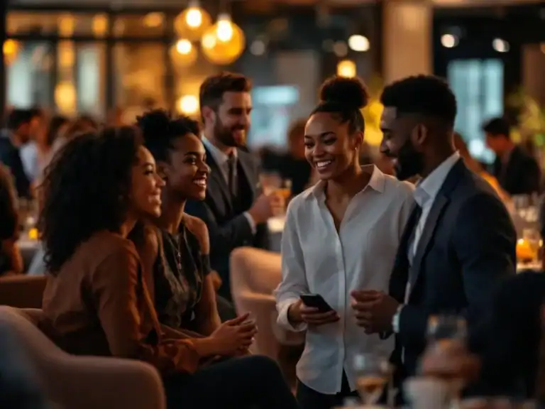 Diverse professionals networking in modern corporate event venue with warm lighting and contemporary decor