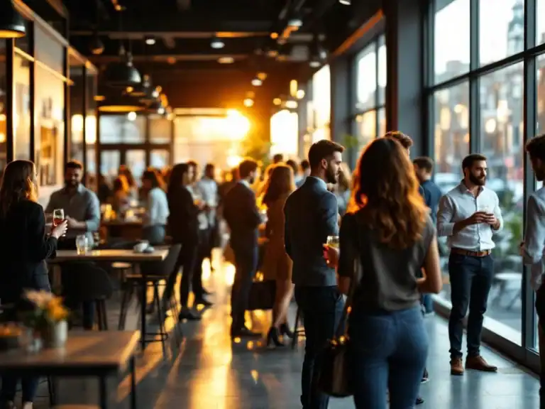 Diverse professionals netwerken in modern Amsterdam evenementenlocatie met warme verlichting en eigentijds interieur