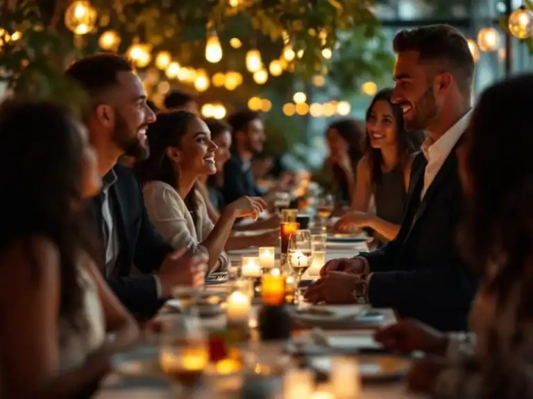 Diverse professionals netwerken in moderne corporate eventvenue met warme sfeerverlichting en elegante inrichting