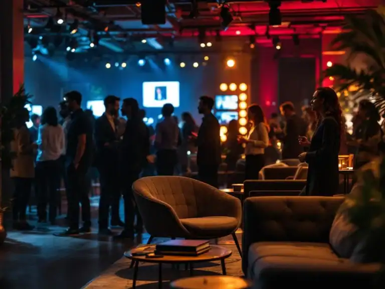 Diverse professionals netwerken in modern bedrijfsevenement venue met warme verlichting en eigentijds meubilair