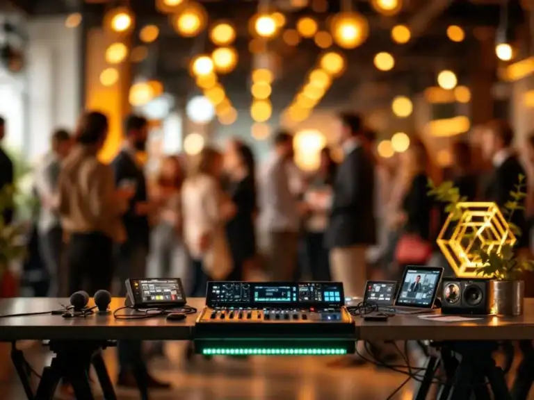 Professionele audioapparatuur en microfoons op moderne corporate event locatie met netwerken professionals op achtergrond