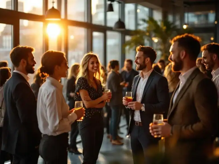 Diverse professionals netwerken in modern Amsterdam evenementenlocatie met vloer-tot-plafond ramen tijdens gouden uur