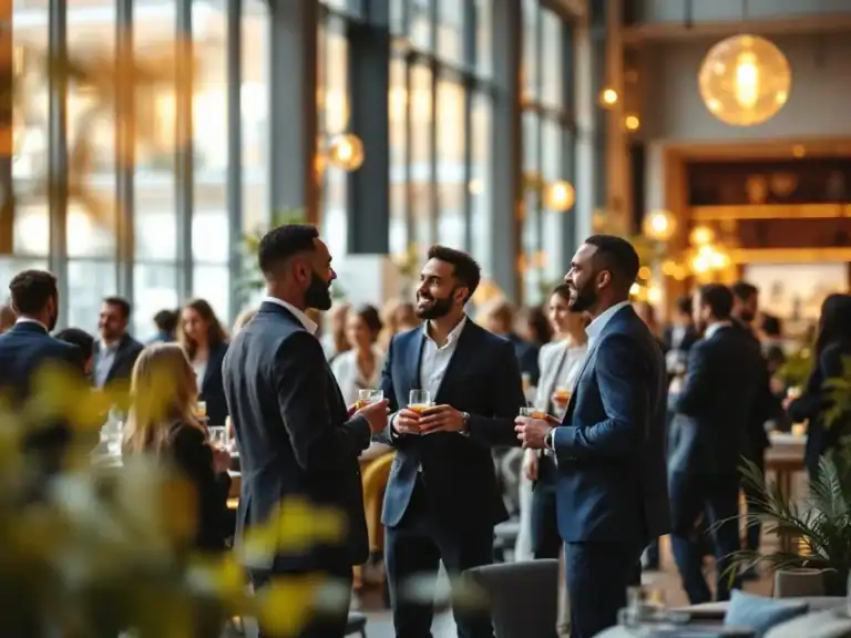 Diverse professionals networking at modern corporate event in contemporary venue with floor-to-ceiling windows
