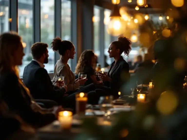 Diverse professionals networking at modern Amsterdam corporate event with floor-to-ceiling windows and warm lighting