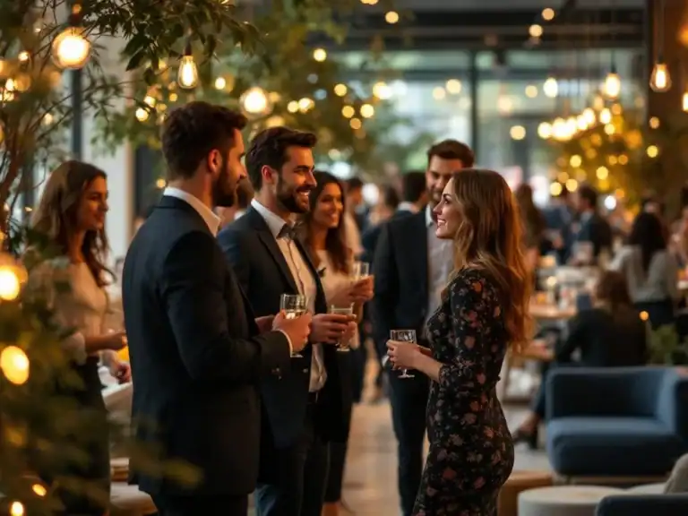 Diverse professionals netwerken tijdens een corporate event in moderne venue met warme verlichting en elegante inrichting.