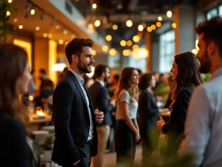 Diverse professionals netwerken op modern bedrijfsevenement met warme verlichting en elegante inrichting