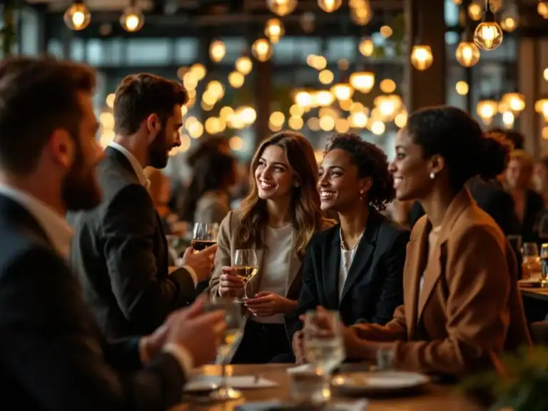 Diverse professionals netwerken in moderne corporate eventvenue met warme sfeerverlichting en elegante architectuur