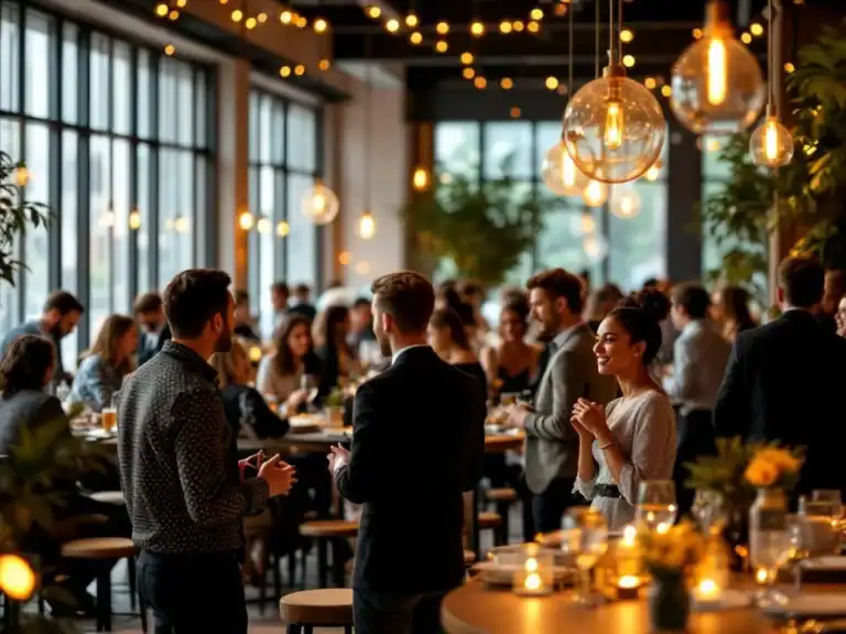 Diverse professionals netwerken in moderne corporate eventvenue met warme sfeerverlichting en elegante architectuur