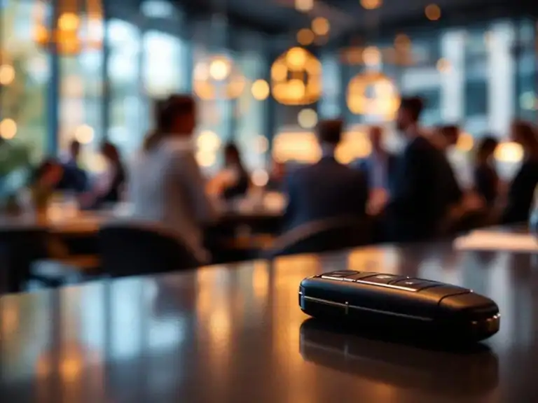 Professionele netwerkbijeenkomst in modern Amsterdam evenementenlocatie met luxe transport en autoservices op voorgrond