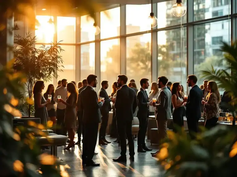 Diverse professionals netwerken tijdens corporate evenement in modern kantoorgebouw met vloerhoge ramen en gouden uurtje verlichting