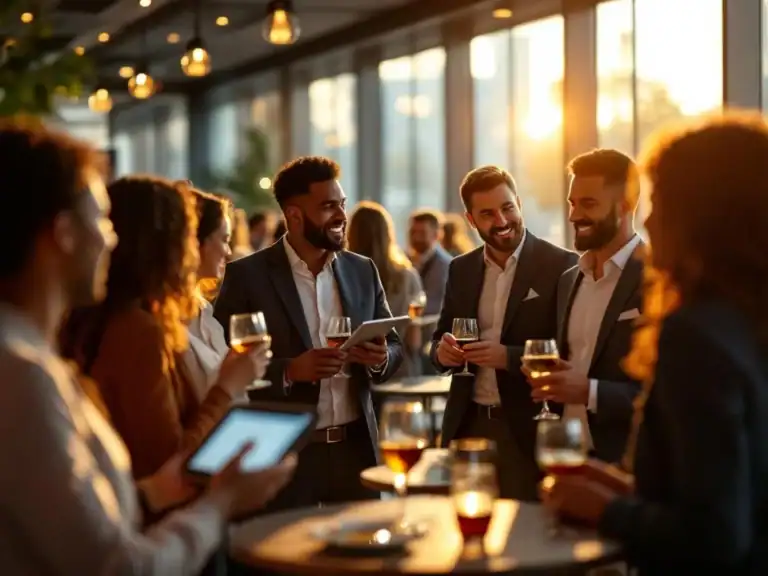 Diverse zakelijke professionals netwerken tijdens corporate evenement in moderne locatie met vloer-tot-plafond ramen