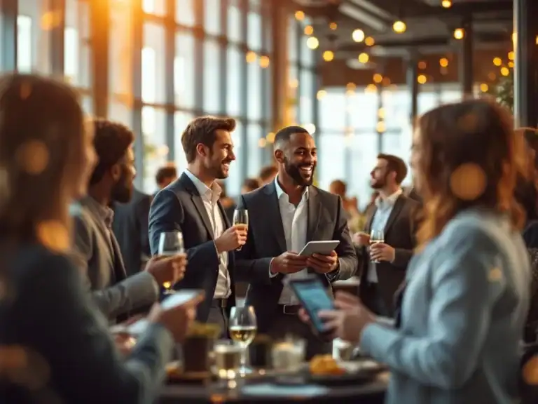 Diverse professionals netwerken tijdens corporate event in moderne zakenlocatie met vloer-tot-plafond ramen