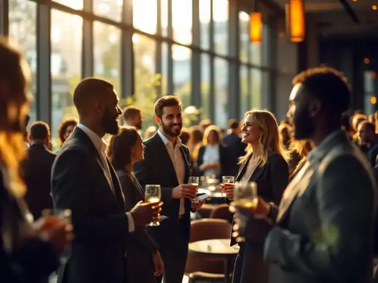 Diverse zakenmensen netwerken tijdens corporate event in moderne locatie met grote ramen en warme verlichting