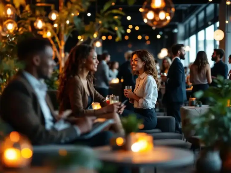 Diverse professionals networking in modern corporate venue with warm ambient lighting and contemporary design
