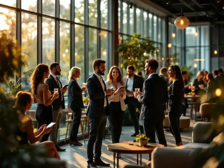 Diverse professionals netwerken in modern kantoorruimte met grote ramen tijdens gouden uur, casual zakelijke sfeer