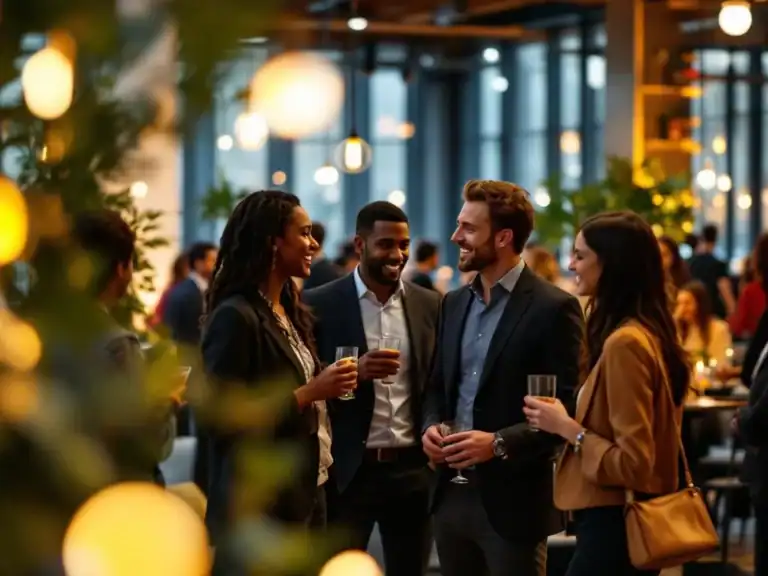 Diverse professionals netwerken tijdens corporate evenement in modern gebouw met grote ramen en warme sfeerverlichting