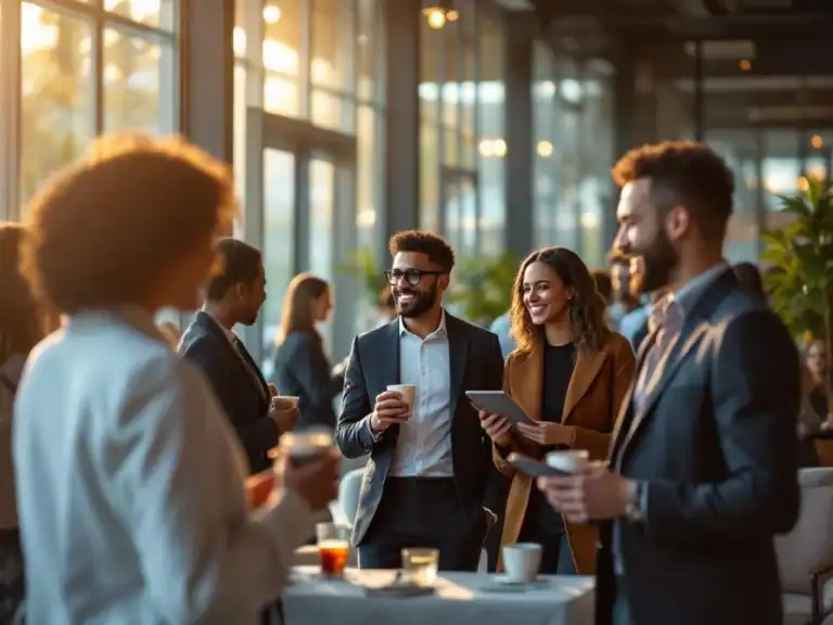 Diverse professionals netwerken tijdens zakelijke bijeenkomst in modern kantoorgebouw met grote ramen en warme verlichting
