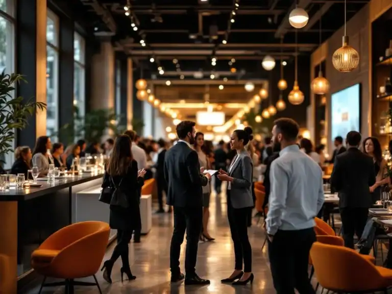 Diverse professionals netwerken in modern corporate eventvenue met warme verlichting en eigentijdse inrichting
