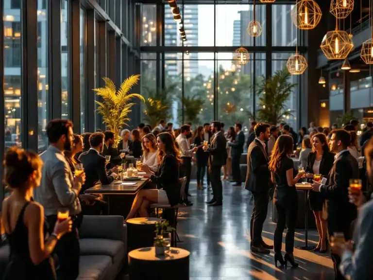 Diverse professionals netwerken tijdens zakelijk evenement in moderne locatie met vloer-tot-plafond ramen en gouden uurtje verlichting.