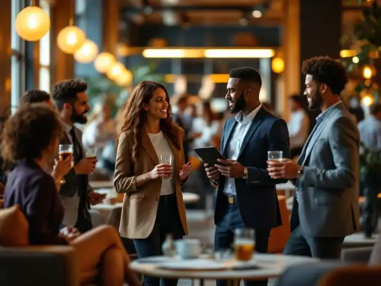 Diverse professionals netwerken in moderne corporate eventzaal met warme verlichting en elegante inrichting