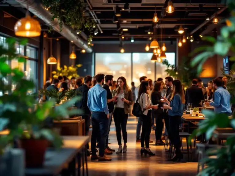 Diverse professionals netwerken in moderne duurzame eventvenue Amsterdam met groene planten en warme verlichting