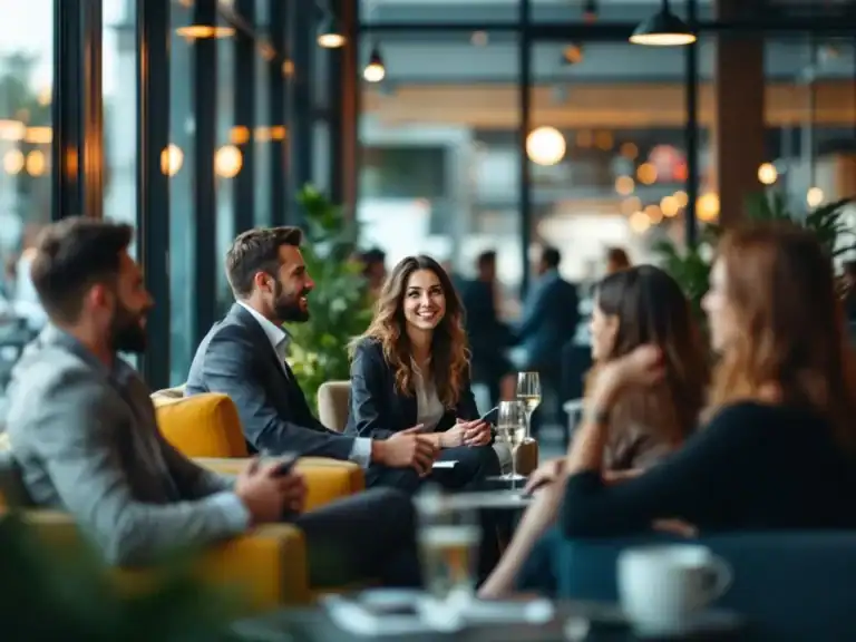 Diverse zakenmensen netwerken in moderne corporate venue met grote ramen en warme sfeerverlichting