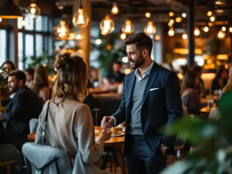 Diverse professionals netwerken in moderne corporate venue met warme verlichting en elegante inrichting