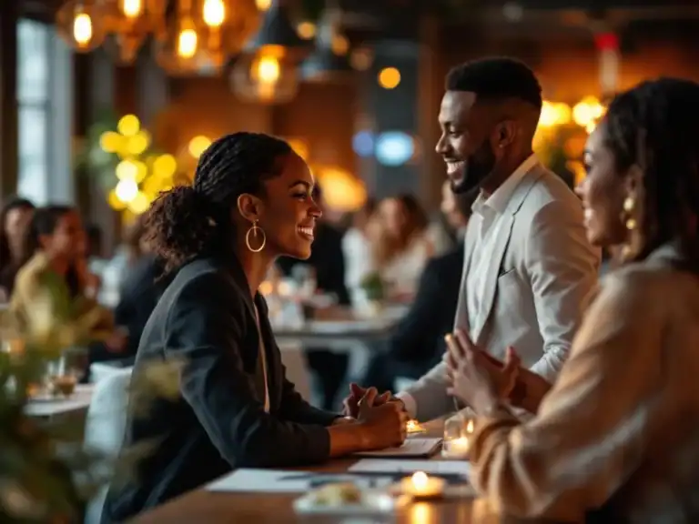 Diverse professionals netwerken in moderne corporate event venue met warme sfeerverlichting en eigentijds meubilair