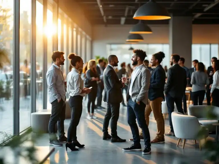 Diverse professionals netwerken in moderne zakelijke ruimte met vloer-tot-plafond ramen en warme verlichting