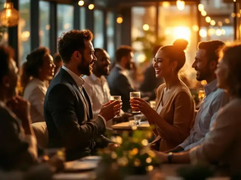 Diverse professionals netwerken in moderne corporate eventvenue met warme verlichting en elegante inrichting