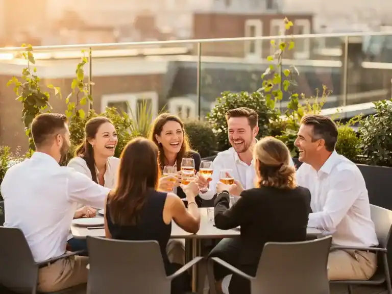 Professionals proosten lachend op een zonnig dakterras in Amsterdam, omgeven door weelderig groen en warm gouden licht.