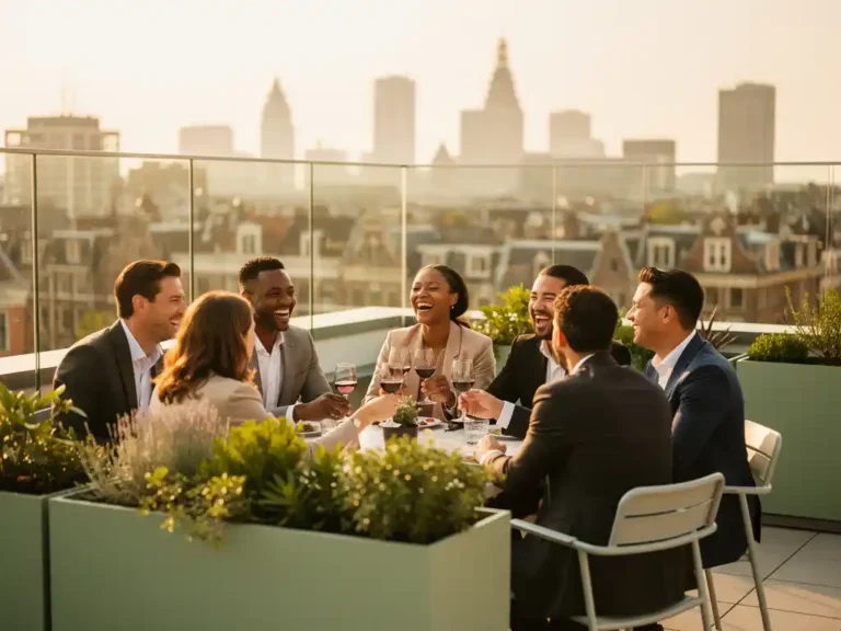 Professionals die proosten op een zonnig dakterras in Amsterdam, omringd door groen en stadsgezicht, gouden middaglicht.