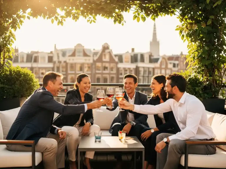 Professionals proosten lachend op een zonnig dakterras in Amsterdam, omringd door weelderig groen en modern meubilair.