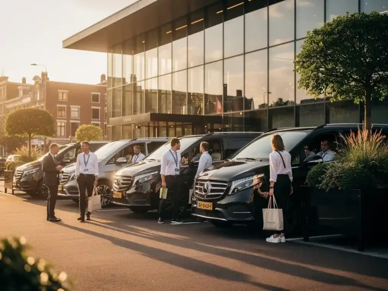 Zwarte executive minibussen voor modern Amsterdam evenementenlocatie, professionals met lanyards instappend in gouden avondlicht.