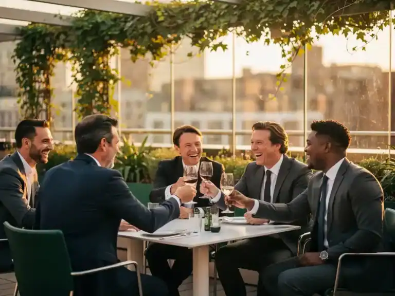 Lachende professionals die proosten op een zonnig dakterras in Amsterdam, omgeven door weelderig groen en warm gouden licht.