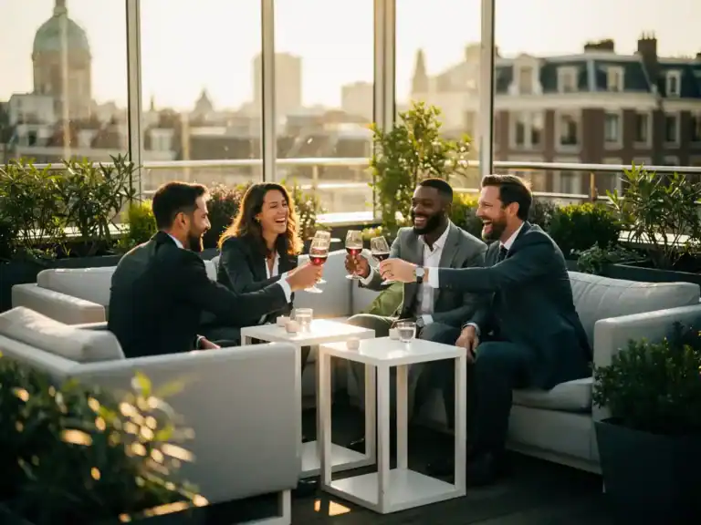 Professionals proosten en lachen op een zonnig dakterras in Amsterdam tijdens een zakelijk evenement, omgeven door groen en gouden avondlicht.