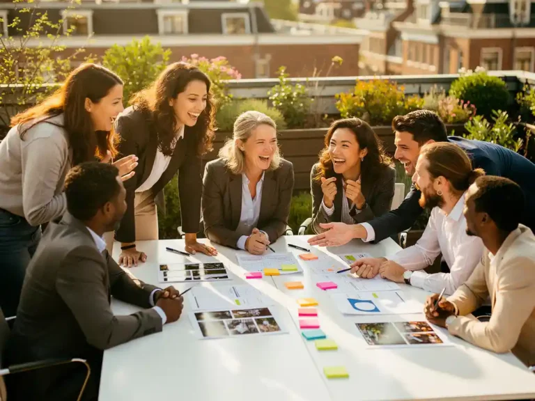 Diverse professionals overleggen enthousiast rond een planningstabel op een zonnig Amsterdams dakterras met plakbriefjes en moodboards.