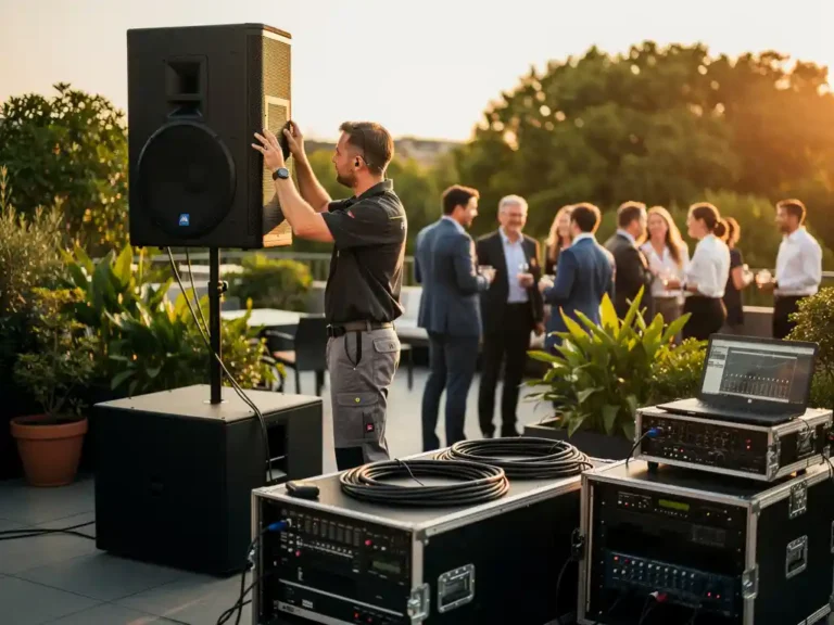 AV-technicus stelt groot podiumluidspreker af tijdens zakelijk buitenevenement, met audioapparatuur op de voorgrond en collega's op het terras.