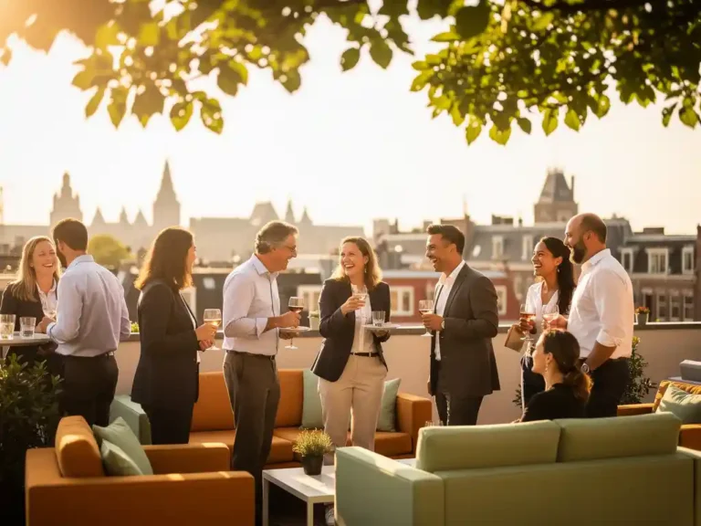 Collega's klinken glazen op een zonnig dakterras in Amsterdam, omgeven door groen en een stadssilhouet op de achtergrond.