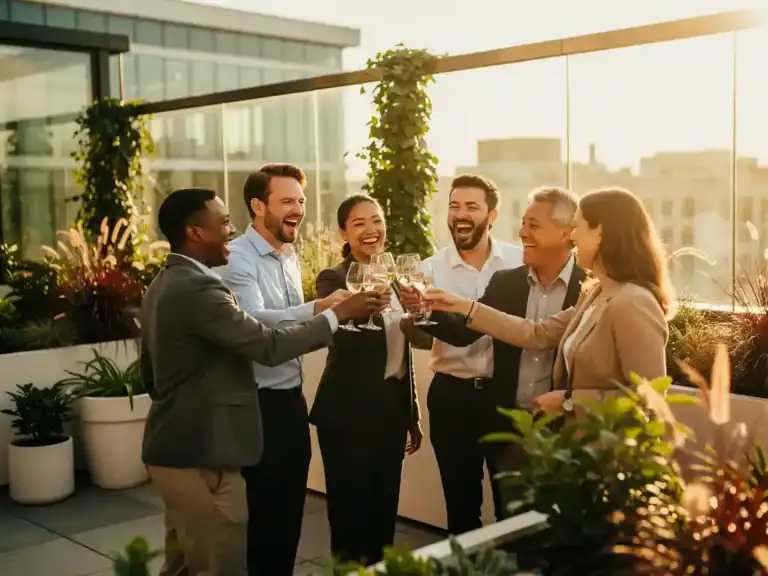 Collega's proostend op een zonnig dakterras tijdens gouden uur, omringd door weelderig groen en warm amberkleurig licht.