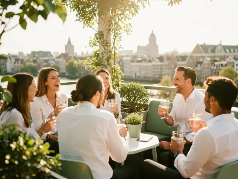 Professionals lachen en netwerken op een zonnig dakterras in Amsterdam met duurzaam decor, groen en herbruikbare glazen.