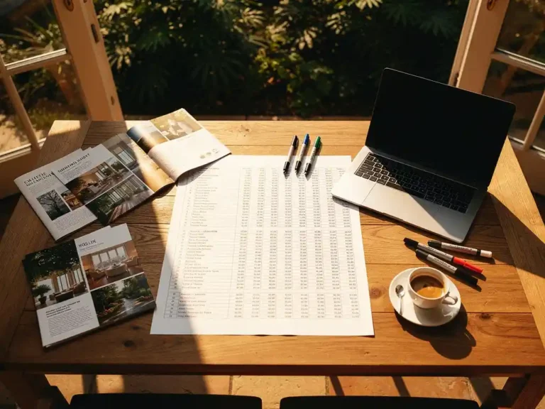 Eventplanner met budgetspreadsheet op zonnig terras, omringd door venuebrochures, laptop en espressokopje.