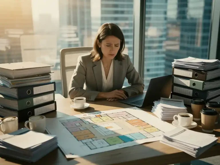 Overweldigde eventcoördinator aan modern bureau met stapels planningmappen, verspreid contracten en een grote plattegrond van een evenementenlocatie.