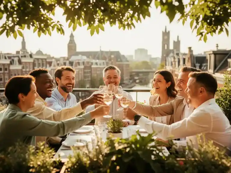 Collega's klinken glazen op een zonnig dakterras in Amsterdam tijdens gouden uur, omgeven door weelderig groen.