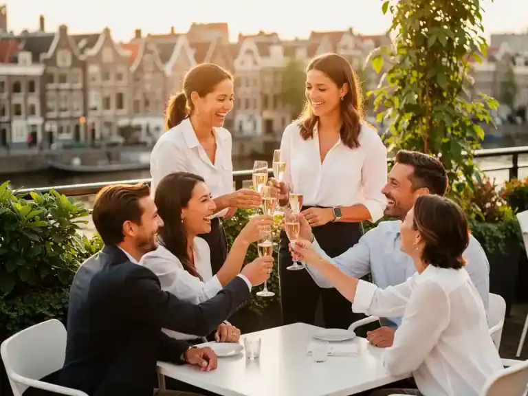 Professionals proosten met champagne op een zonnig dakterras in Amsterdam, omgeven door groen en de stadssilhouet op de achtergrond.