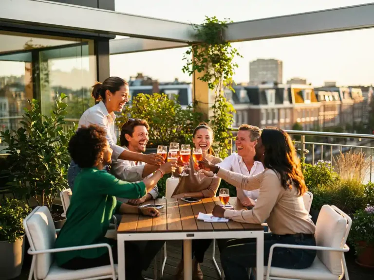 Lachende professionals die toosten op een zonnig dakterras in Amsterdam, omgeven door weelderig groen en modern architectuur.