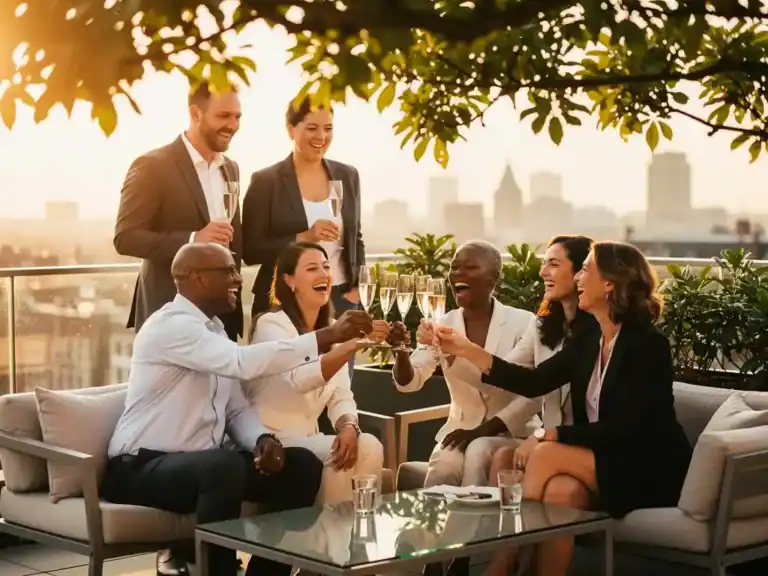 Professionals proosten met champagne op een zonnig dakterras in Amsterdam, omgeven door groen en warm middaglicht.